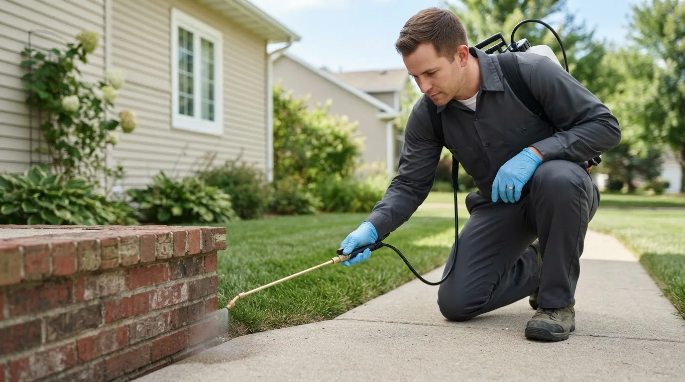 Pest control technician treating a home near Lane, KS