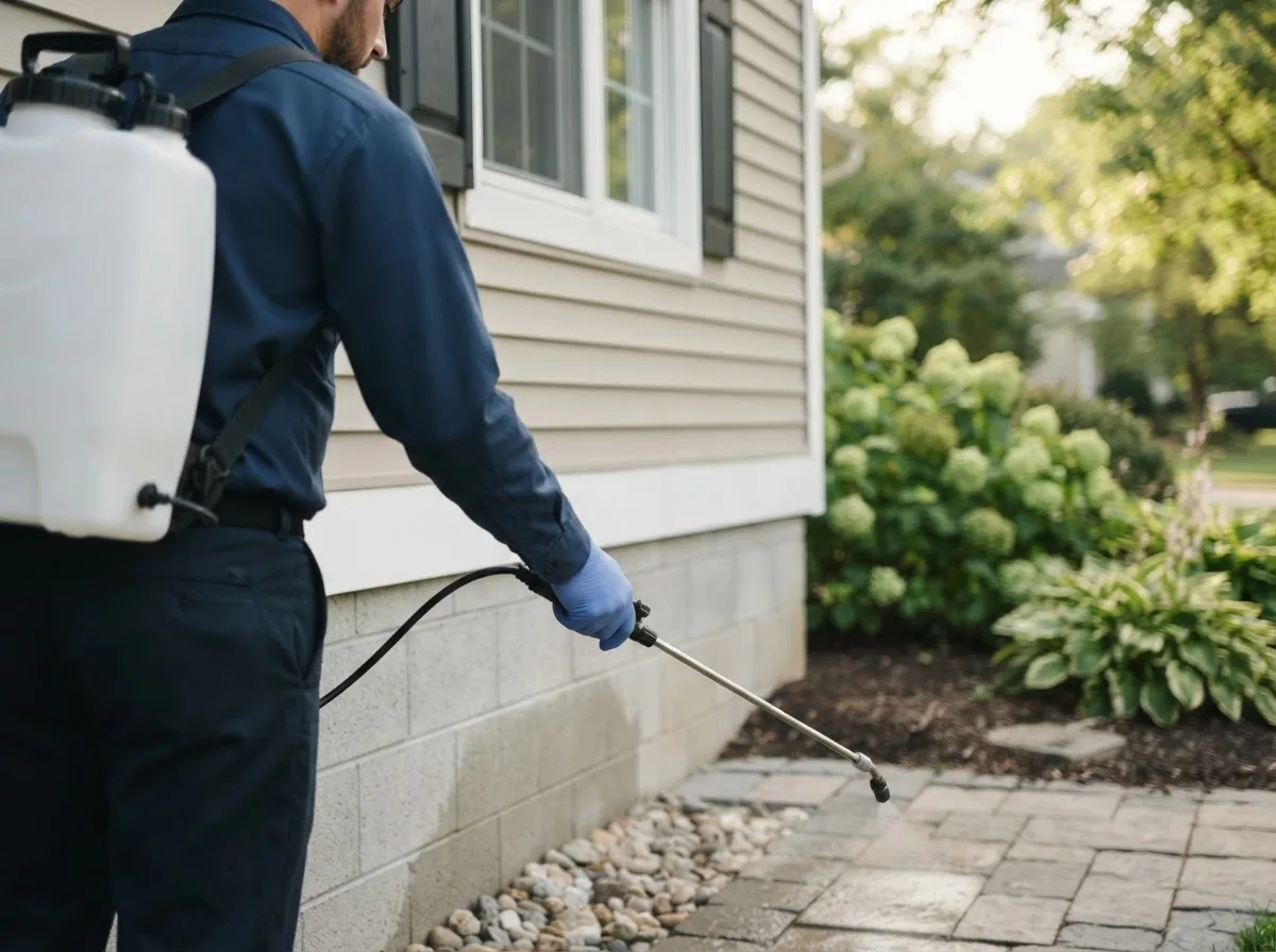 Pest control technician inspecting a home in Lane, KS